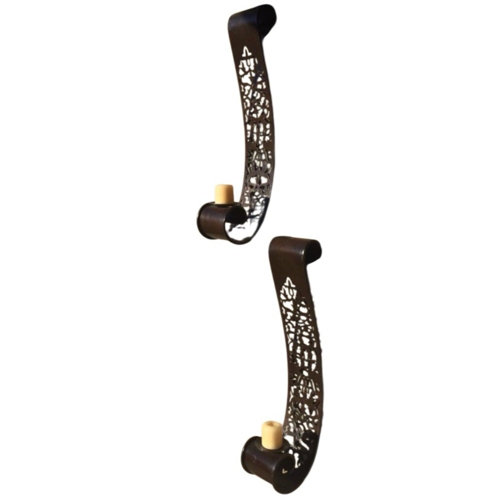 Set of 2 Curved All Metal Wall Sconce Pillar Candle Holders, brown